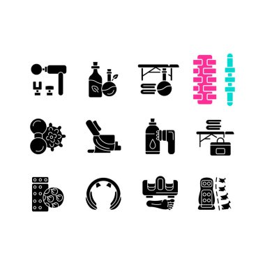 Masaj aletleri ve ekipman siyah kabartma simgeleri beyaz alana yerleştirildi. Uyarıcı boyun, omuz ve sırt aletleri. Masaj malzemeleri. Siluet sembolleri. Vektör izole illüstrasyonu