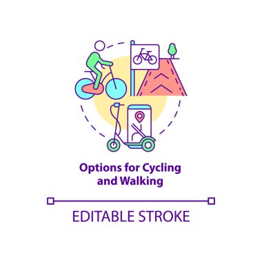 Bisiklet ve yürüme konsepti ikonu seçenekleri. Şehir çözümü soyut fikir ince çizgi çizimi. Kentsel ekoloji. Alternatif ulaşım. Vektör izole edilmiş dış hat renk çizimi. Düzenlenebilir vuruş