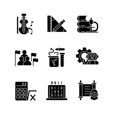 Beyaz alana dizilmiş farklı okul konuları siyah kabartma sembolleri. Bilimsel çalışma. Eğitim kurumlarında müzik dersleri. Siluet sembolleri. Vektör izole illüstrasyonu