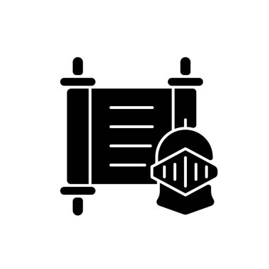 Tarihin siyah sembol simgesi. Ortaçağ şövalyesi eski parşömenin arka planına karşı. Okullarda tarihi, kültürel eğitim. Beyaz uzayda siluet sembolü. Vektör izole illüstrasyonu