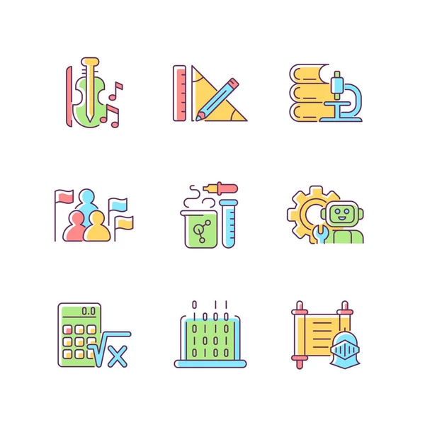 Different Types School Subjects Rgb Color Icons Set Scientific Study — Stock Vector