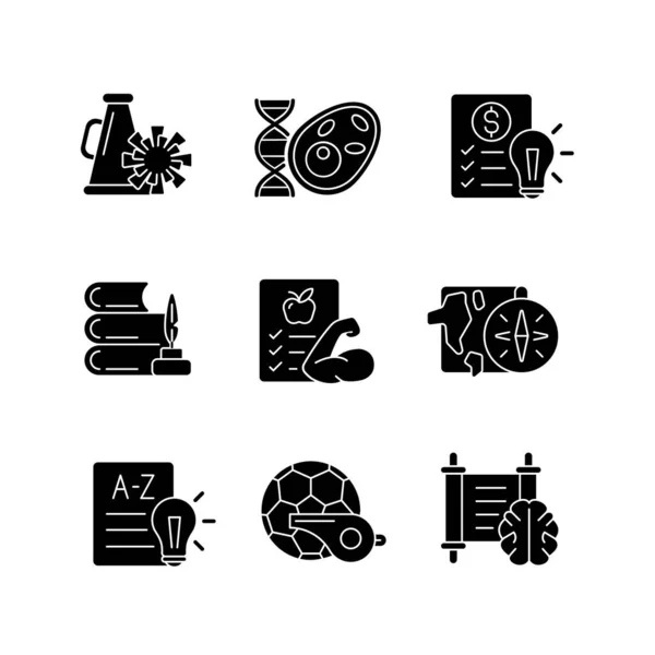 Various School Subjects Black Glyph Icons Set White Space Humanities — Stock Vector