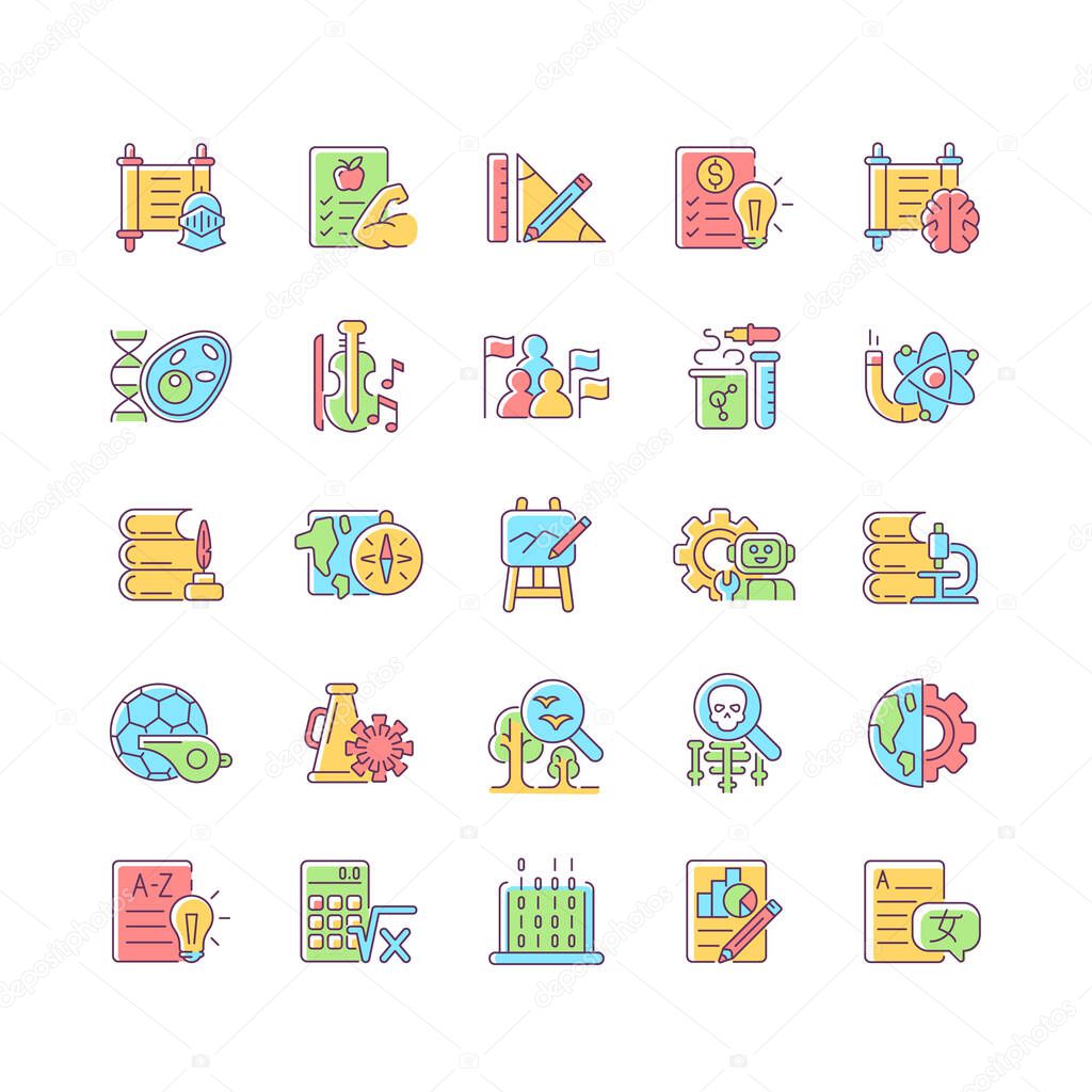School subjects RGB color icons set. Humanities and applied sciences. Social science learning in schools. Physical education. Isolated vector illustrations. Simple filled line drawings collection