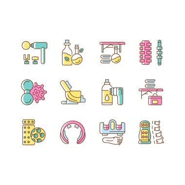 Masaj araçları ve ekipman RGB renk simgeleri ayarlandı. Uyarıcı boyun, omuz ve sırt aletleri. Masaj malzemeleri. İzole vektör çizimleri. Basit çizgi çizimleri koleksiyonu