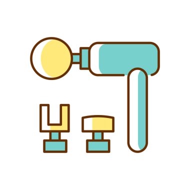 Perküsyon masaj aracı RGB renk simgesi. Masaj tabancası. Kas ve dokular masaj yapıyor. Kas gevşemesi. Sağlık hizmetleri. Perküsyon cihazı. İzole vektör çizimi. Basit doldurulmuş çizgi çizimi