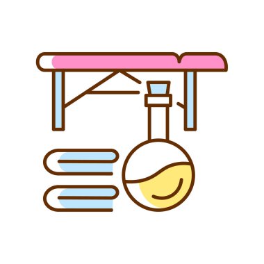 Masaj masası RGB renk simgesi. Spa merkezi. Güzellik tedavisi. Vücut ve cilt bakımı. Kas gevşemesi için masaj terapisi. Masör. İzole vektör çizimi. Basit doldurulmuş çizgi çizimi