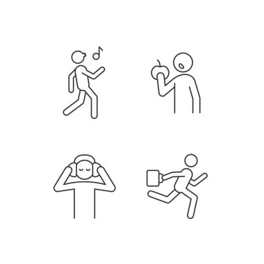 Günlük etkinlikler doğrusal simgeler ayarlandı. Sağlıklı beslenme alışkanlıkları. Kulaklıkla müzik dinlemek. Özelleştirilebilir ince çizgi şekilleri. İzole vektör çizimi çizimleri. Düzenlenebilir vuruş