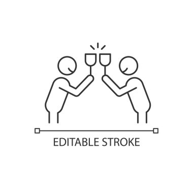 Clink gözlükleri doğrusal simgesi. İki kişi kadeh tokuşturuyor. Kutlama partisi. Kadeh kaldıralım. İnce çizgi özelleştirilebilir illüstrasyon. Contour sembolü. Vektör izole çizim. Düzenlenebilir vuruş