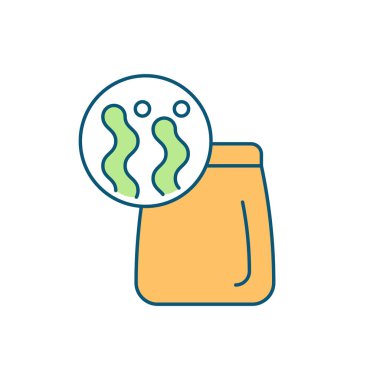 Çevre dostu paket RGB renk simgesi. Tek kullanımlık plastik reddetme hareketi. Ekotik olarak dost canlısı, gübrelenebilir, biyolojik olarak çözünebilir malzemeler. İzole vektör çizimi. Basit doldurulmuş çizgi çizimi