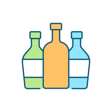 Üç farklı cam şişe RGB renk ikonu. Çöp toplama şirketi. Doğa koruma. Atık geri dönüşümü, yükseltme süreci. İzole vektör çizimi. Basit doldurulmuş çizgi çizimi