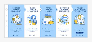 Çöp geri dönüşüm yenilikleri vektör şablonunda. Simgeli ilgili mobil web sitesi. Web sayfasında 5 basamaklı ekranlar. Doğrusal çizimlerle atık yönetimi renk kavramı