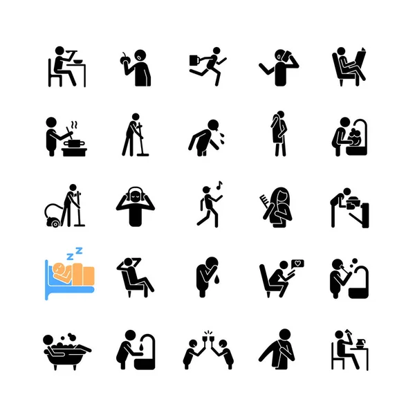 Human Behaviour Black Glyph Icons Set White Space Activities Daily — Stock Vector
