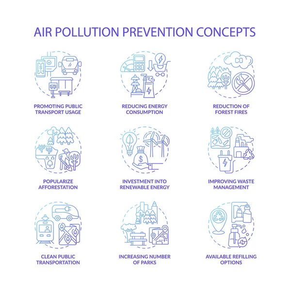 Ensemble Icônes Concept Prévention Pollution Atmosphérique Idée Énergie Renouvelable Lignes — Image vectorielle