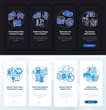 Yeşil girişimler mobil uygulama sayfası ekranında. Orman yangını yürüyüşünü dört aşamalı grafik talimatları kavramlarla azalt. UI, UX, GUI vektör şablonu doğrusal gece ve gündüz kip çizimleri