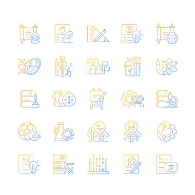 Okul gradyan doğrusal vektör simgeleri ayarlandı. İnsani bilimler ve uygulamalı bilimler öğreniyor. Beden eğitimi. İnce çizgili sembol demetleri. İzole edilmiş taslak illüstrasyon koleksiyonu