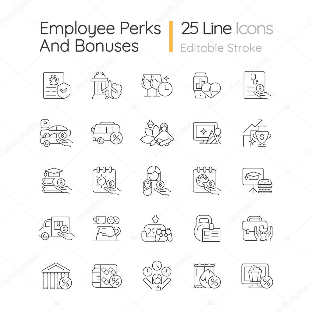 Employee perks and bonuses linear icons set. Workplace benefits. Enhancing worker experience. Customizable thin line contour symbols. Isolated vector outline illustrations. Editable stroke