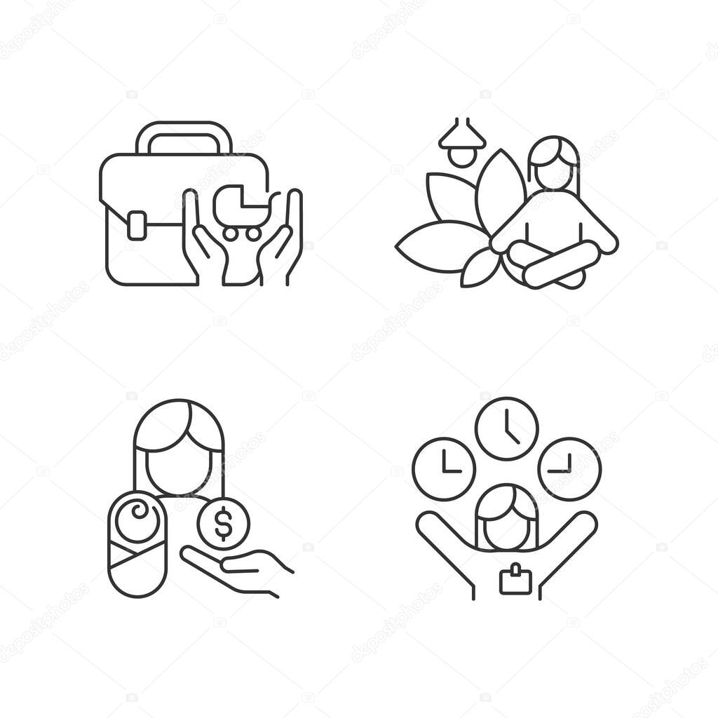 Employee incentives linear icons set. Child care assistance. Meditative space at work. Flexible hours. Customizable thin line contour symbols. Isolated vector outline illustrations. Editable stroke