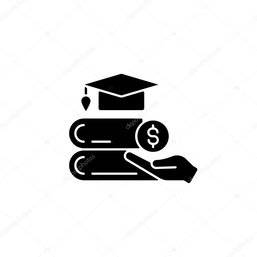 Tuition reimbursement black glyph icon. Compensation for education classes. Educational assistance. Covering study expenses. Silhouette symbol on white space. Vector isolated illustration