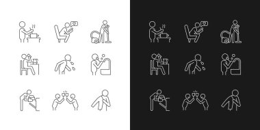 Günlük rutin doğrusal simgeler karanlık ve aydınlık moduna ayarlandı. Günlük yaşamın aktiviteleri. Ordinal insan hayatı. Özelleştirilebilir ince çizgi sembolleri. İzole vektör çizimi çizimleri. Düzenlenebilir vuruş