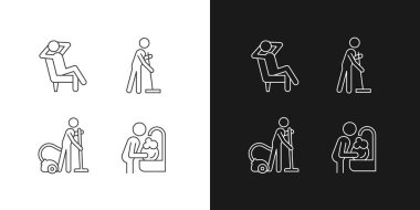 Ev işleri doğrusal simgeleri karanlık ve aydınlık moduna ayarlandı. Oda servisi süreci. Temizlik prosedürleri. Özelleştirilebilir ince çizgi sembolleri. İzole vektör çizimi çizimleri. Düzenlenebilir vuruş