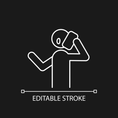 Koyu tema için telefon beyaz doğrusal simgesi ile konuşun. Telefon ediyorum. Telefonla arayan biri var. İnce çizgi özelleştirilebilir illüstrasyon. Gece modu için izole vektör kontur sembolü. Düzenlenebilir vuruş