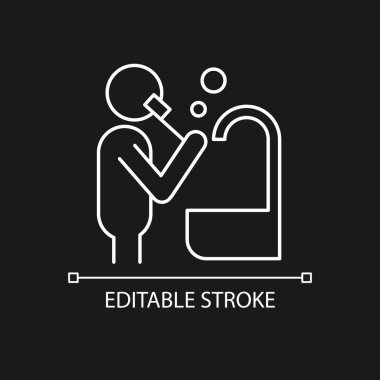 Brush teeth white linear icon for dark theme. Person brushing teeth near sink. Dental hygiene. Thin line customizable illustration. Isolated vector contour symbol for night mode. Editable stroke