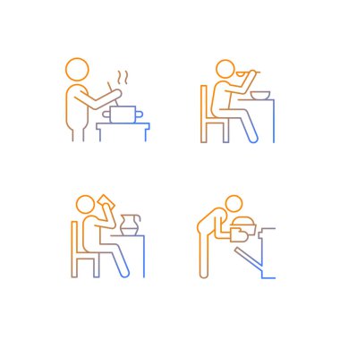 Cooking rotine gradient linear vector icons set. Meal preparation at home. Healthy eating Day-to-day life. Thin line contour symbols bundle. Isolated outline illustrations collection