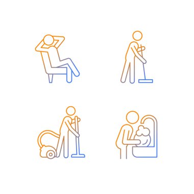 Household chores gradient linear vector icons set. Commonplace day-to-day life. Housekeeping process. Cleaning procedures. Thin line contour symbols bundle. Isolated outline illustrations collection