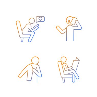 Everyday life gradient linear vector icons set. Making call. Conversation on social media platform. Reading newspaper. Thin line contour symbols bundle. Isolated outline illustrations collection