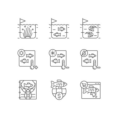 Fish product farming and storing linear icons set. Sterilization and preservation. Commercial fishery. Customizable thin line contour symbols. Isolated vector outline illustrations. Editable stroke