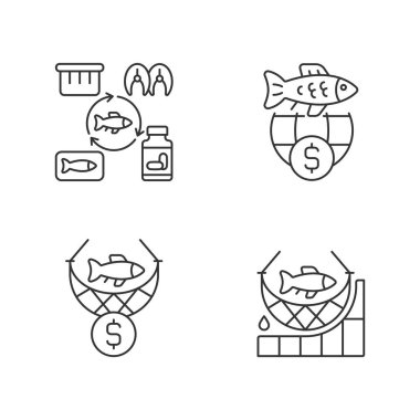 Balık ürünleri üretimi ve ticari lineer simgeler belirlendi. Ticari balıkçılık. Ticaret için ürünler üretiyorlar. Özelleştirilebilir ince çizgi şekilleri. İzole vektör çizimi çizimleri. Düzenlenebilir vuruş