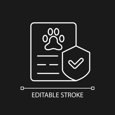 Karanlık tema için hayvan sigortası beyaz doğrusal simgesi. Personel yardımı. Hayvan dostu iş yeri politikası. İnce çizgi özelleştirilebilir illüstrasyon. Gece modu için izole vektör kontur sembolü. Düzenlenebilir vuruş