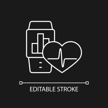 İşçiler için sağlık takipçileri koyu renk tema için beyaz doğrusal simge. Çalışanların refahını izlemek. İnce çizgi özelleştirilebilir illüstrasyon. Gece modu için izole vektör kontur sembolü. Düzenlenebilir vuruş