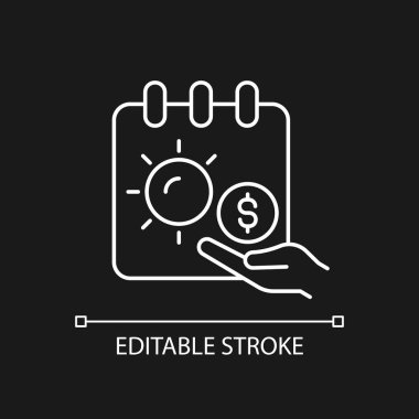 Karanlık tema için sınırsız PTO beyaz doğrusal simgesi. İş-yaşam dengesi. Sınırsız tatil politikası. İnce çizgi özelleştirilebilir illüstrasyon. Gece modu için izole vektör kontur sembolü. Düzenlenebilir vuruş