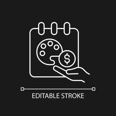 Koyu renk tema için ücretli izne ayrılmış beyaz doğrusal simge. Çalışan tatili. Uzatılmış kırık. İnce çizgi özelleştirilebilir illüstrasyon. Gece modu için izole vektör kontur sembolü. Düzenlenebilir vuruş