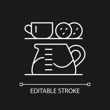 Koyu tema için çay istasyonları beyaz doğrusal simge. İş arkadaşları arasındaki etkileşimi teşvik et. İnce çizgi özelleştirilebilir illüstrasyon. Gece modu için izole vektör kontur sembolü. Düzenlenebilir vuruş