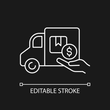 Koyu tema için beyaz doğrusal simge yerleştirme yardımı. Taşınmayla ilgili harcamaları karşılamak. İnce çizgi özelleştirilebilir illüstrasyon. Gece modu için izole vektör kontur sembolü. Düzenlenebilir vuruş