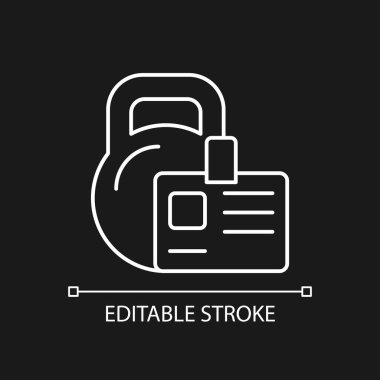 Koyu renk tema için spor salonu üyeliği beyaz doğrusal simgesi. Sağlık inisiyatiflerini sağlıyorum. Çalışan indirimi. İnce çizgi özelleştirilebilir illüstrasyon. Gece modu için izole vektör kontur sembolü. Düzenlenebilir vuruş