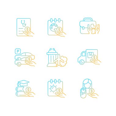 Çalışan, sıkı çalışma gradyan doğrusal vektör simgeleri için ödüllendiriliyor. Ek ücretler. Finansal teşvikler iş başında. İnce çizgili sembol demetleri. İzole edilmiş taslak illüstrasyon koleksiyonu