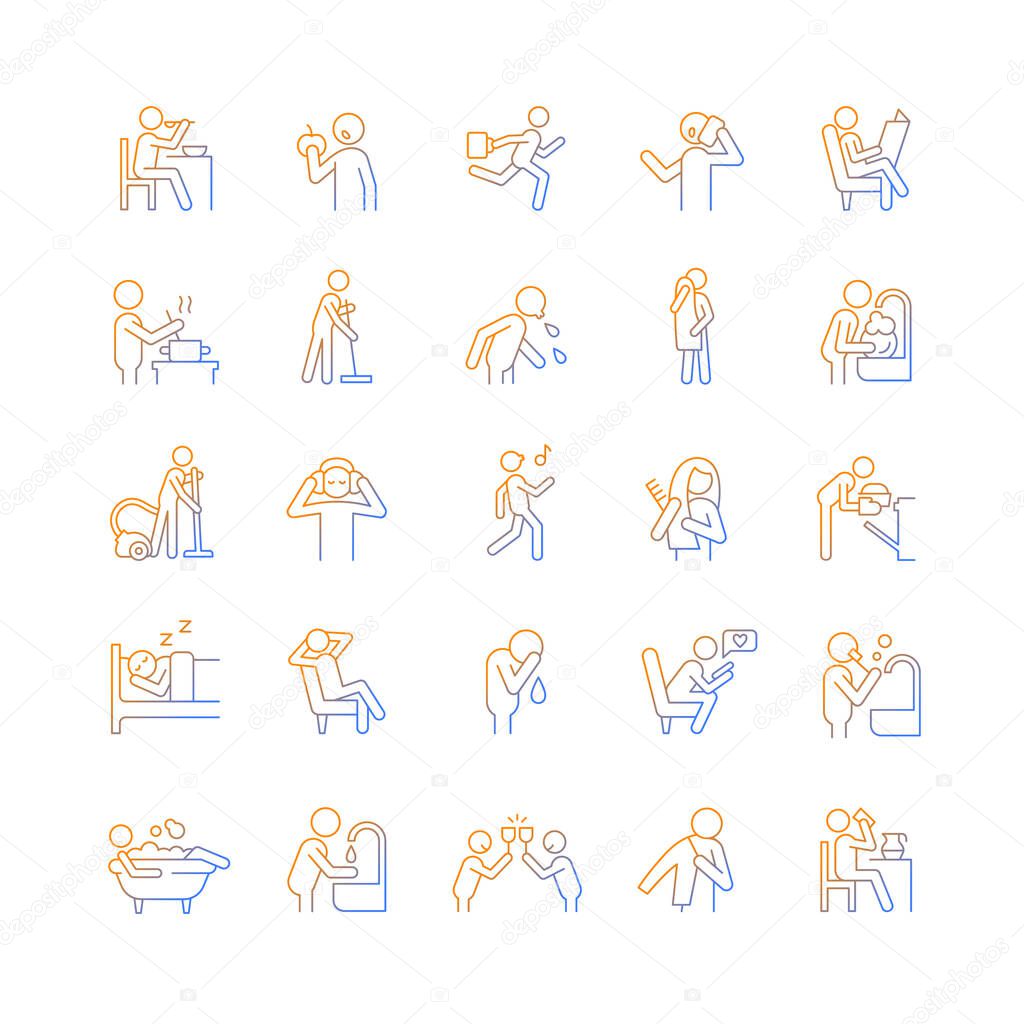 Human behaviour gradient linear vector icons set. Activities of daily living. Household duties. Day-to-day routine. Thin line contour symbols bundle. Isolated outline illustrations collection