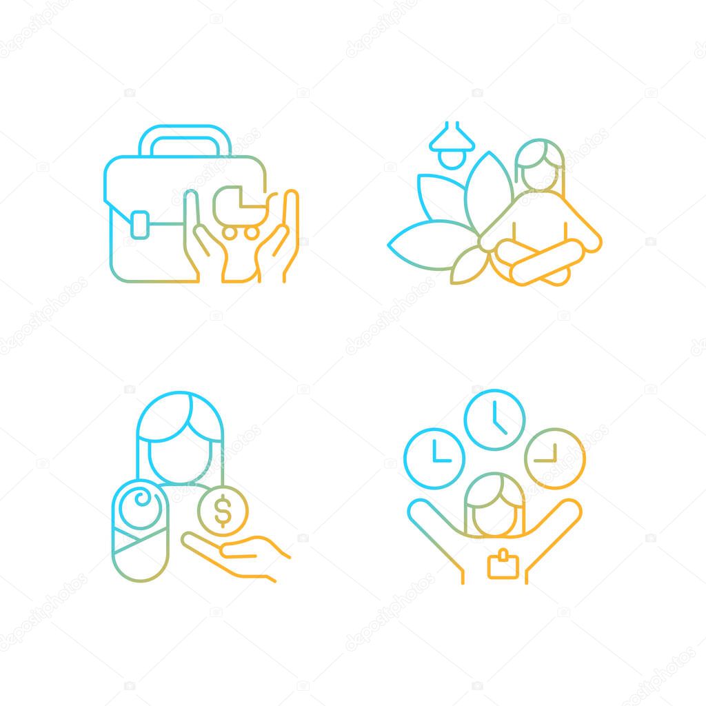 Employee incentives gradient linear vector icons set. Child care assistance. Meditative space at work. Flexible hours. Thin line contour symbols bundle. Isolated outline illustrations collection