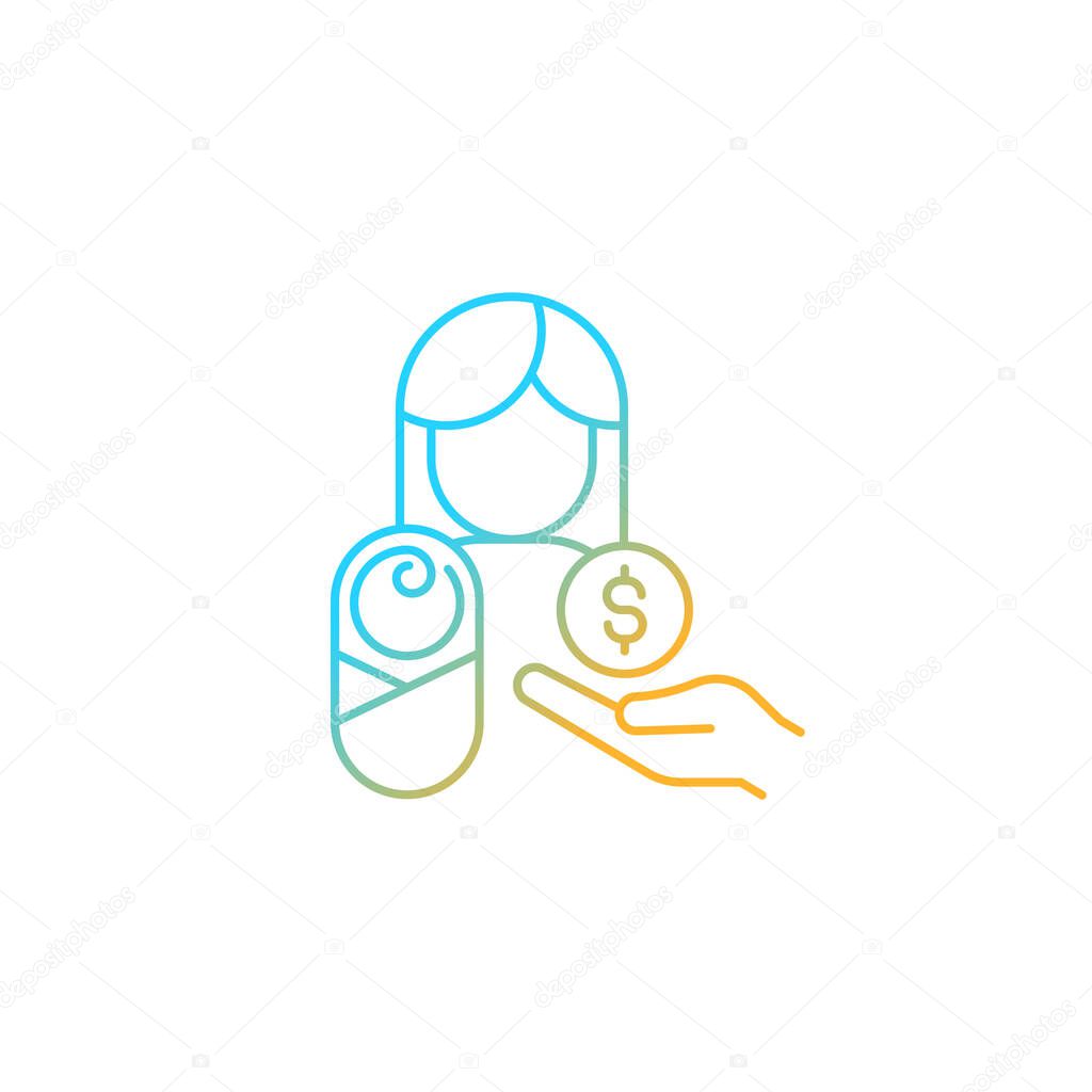 Paid parental leave gradient linear vector icon. Care for born, adopted child. Improve maternal health. Government pay. Thin line color symbol. Modern style pictogram. Vector isolated outline drawing