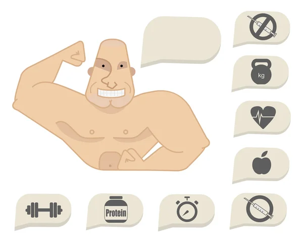 Bodybuilder torso with speech bubbles. Happy face — Stock Photo, Image