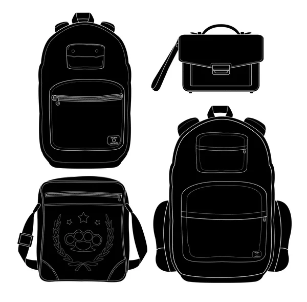 Set of 4 fashionable men bags. Black — Stock Vector