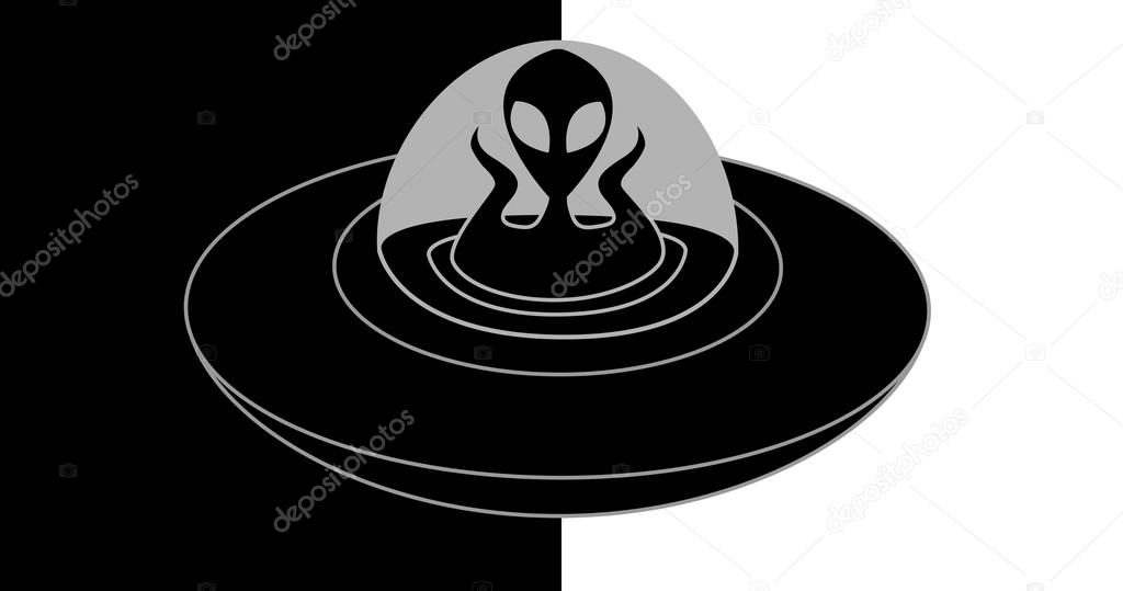 Alien in spaceship, flat design, black and white colors