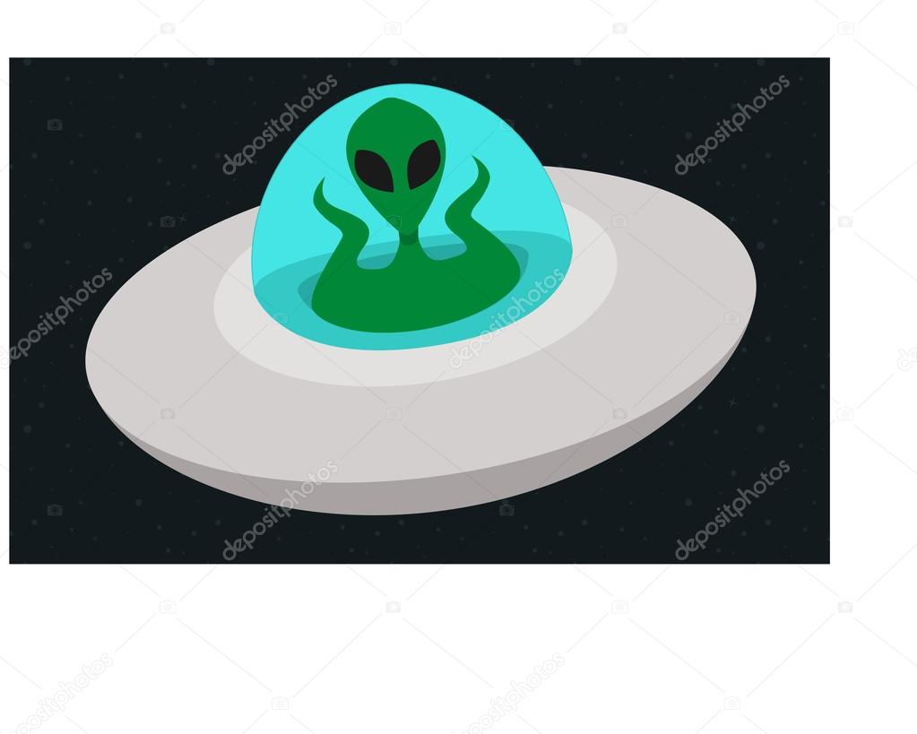 Alien flying across the universe in spaceship, flat design