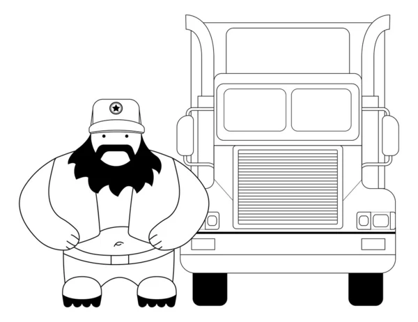 Fat round flat cartoon style black beard truck driver — Stock Vector