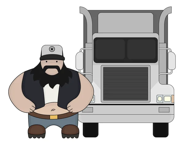 Fat round flat cartoon style black beard truck driver — Stock Vector