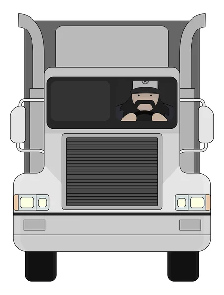 Fat round flat cartoon style black beard truck driver — Stock Vector