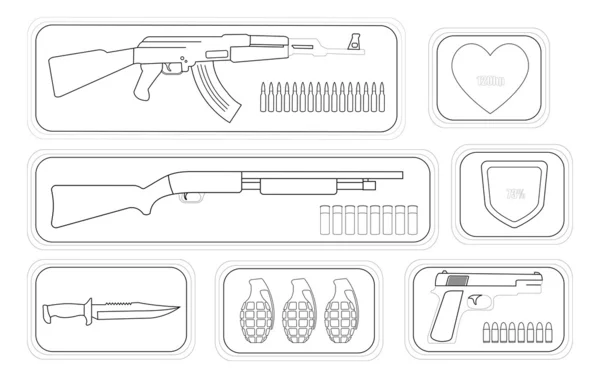 Paquete de armas militares iconos para el juego — Vector de stock